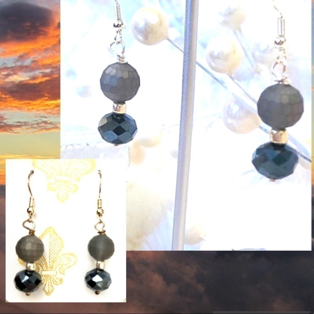 Sterling Silver Earrings Matte Grey Genuine Crystal Modern Chic French Chic - Picture 6 of 13
